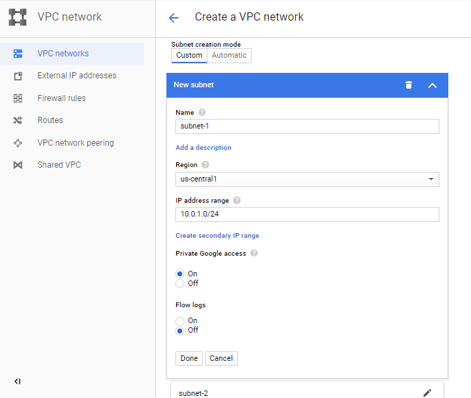 create custom vpc networks subnet