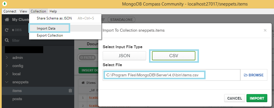 mongodb csv import mongo compass