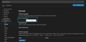 Emmet in Visual Studio Code not working settings json