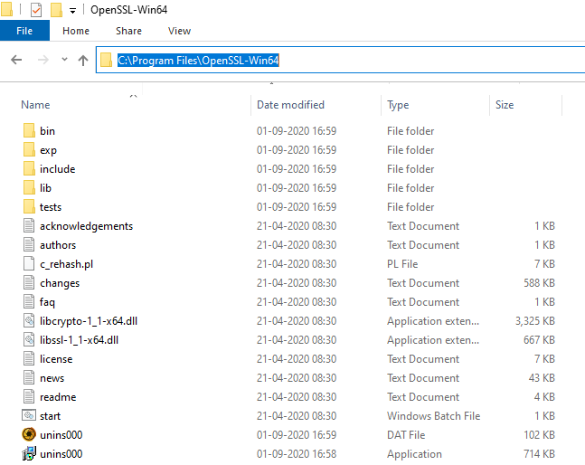 install OpenSSL in Windows 10 64-bit location