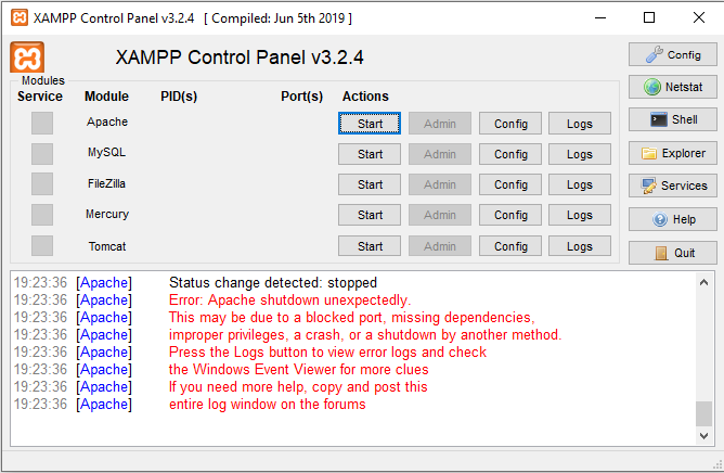 XAMPP Error: Apache shutdown unexpectedly