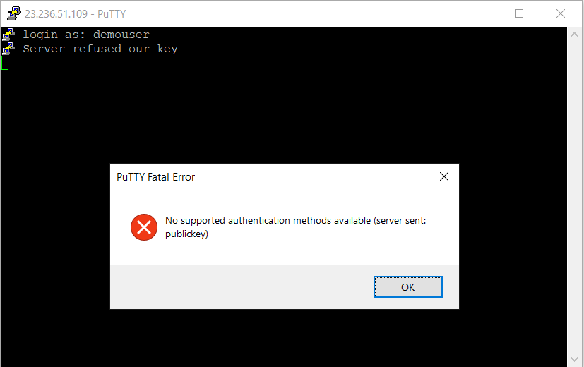 Putty Fatal Error No supported authentication methods available