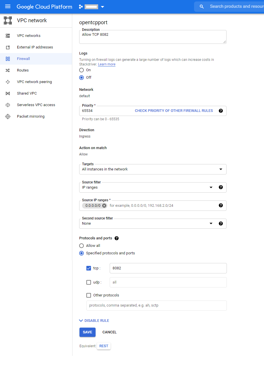 Open specific port such as 8082 in Google Compute Engine VM instance