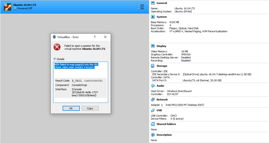 virtualbox fails open session with verr nem map pages failed