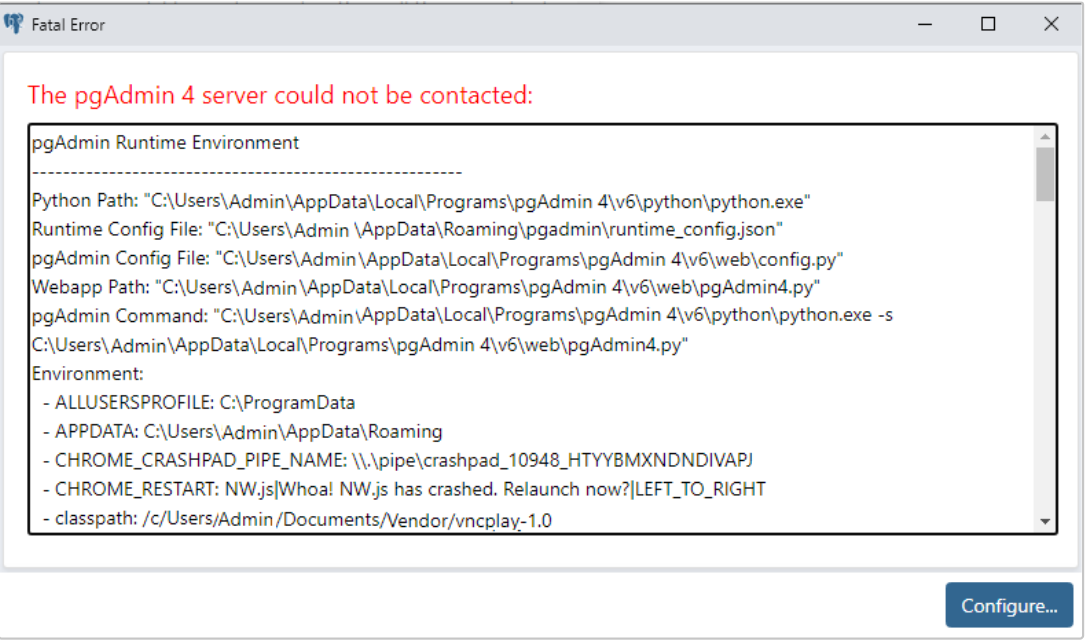 The pgAdmin 4 server could not be contacted