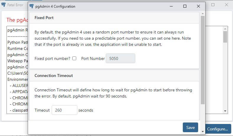 The pgAdmin 4 server could not be contacted: connection timeout